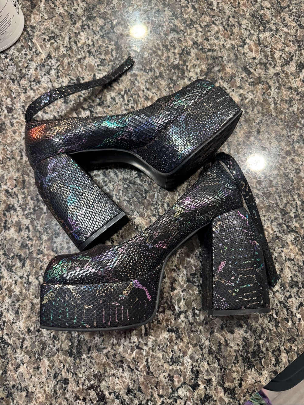 Platform Block Heel Pumps in Black Iridescent Snake Print